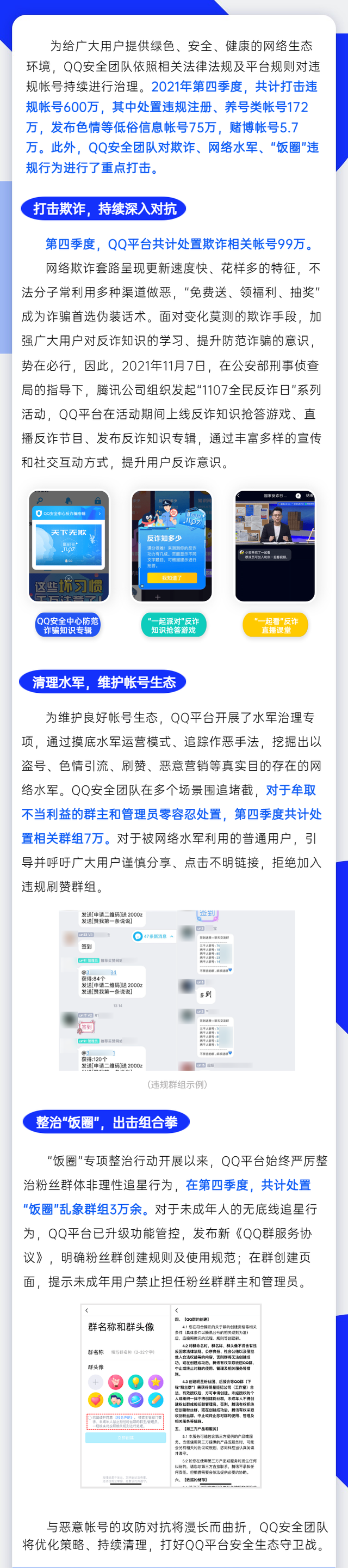 腾讯QQ 2021年Q4打击违规账号600万，处置“饭圈”乱象群组超3万
